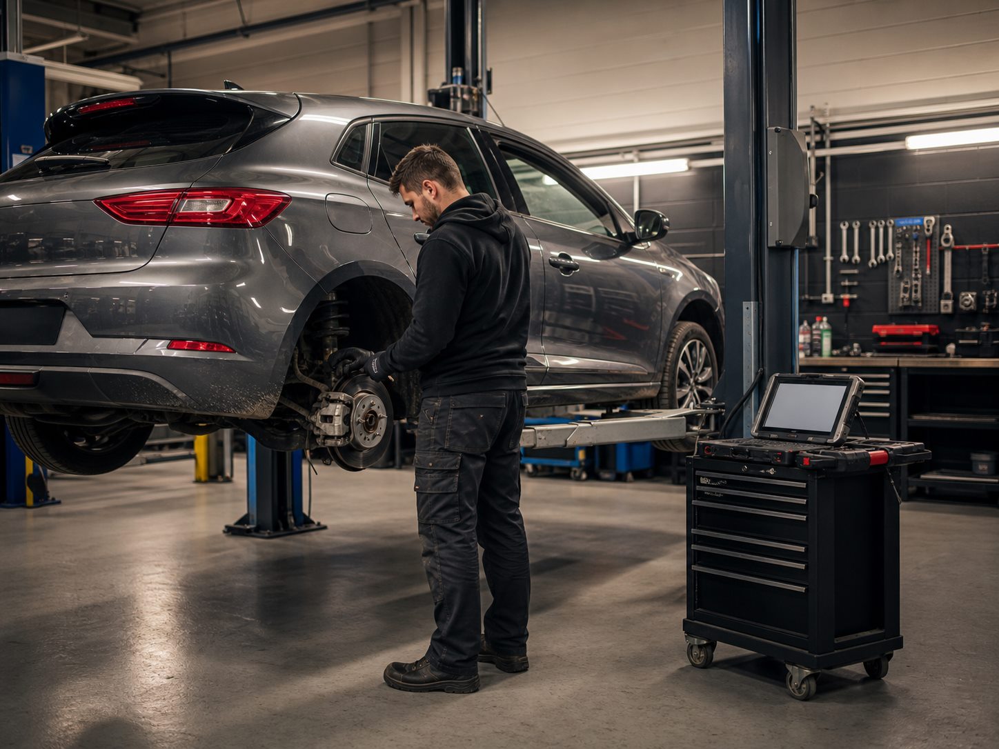 Technician inspecting a vehicle in a workshop bay